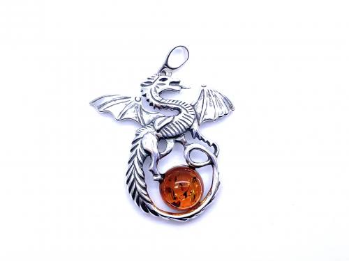 Silver Orange Amber Dragon Pendant