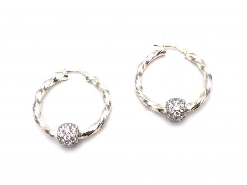 Silver Twisted Hoop Earrings 25mm With CZ Enhancer