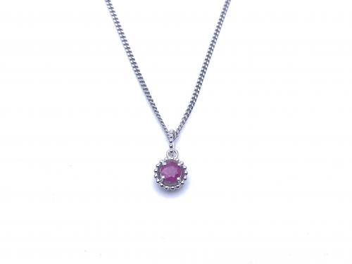 Silver Round Ruby Pendant & Chain 16-18 Inch